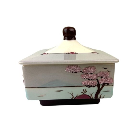 Weil Ware Oriental Cherry Blossom Ceramic Lidded Trinket Box Square Flaws READ - Picture 1 of 16